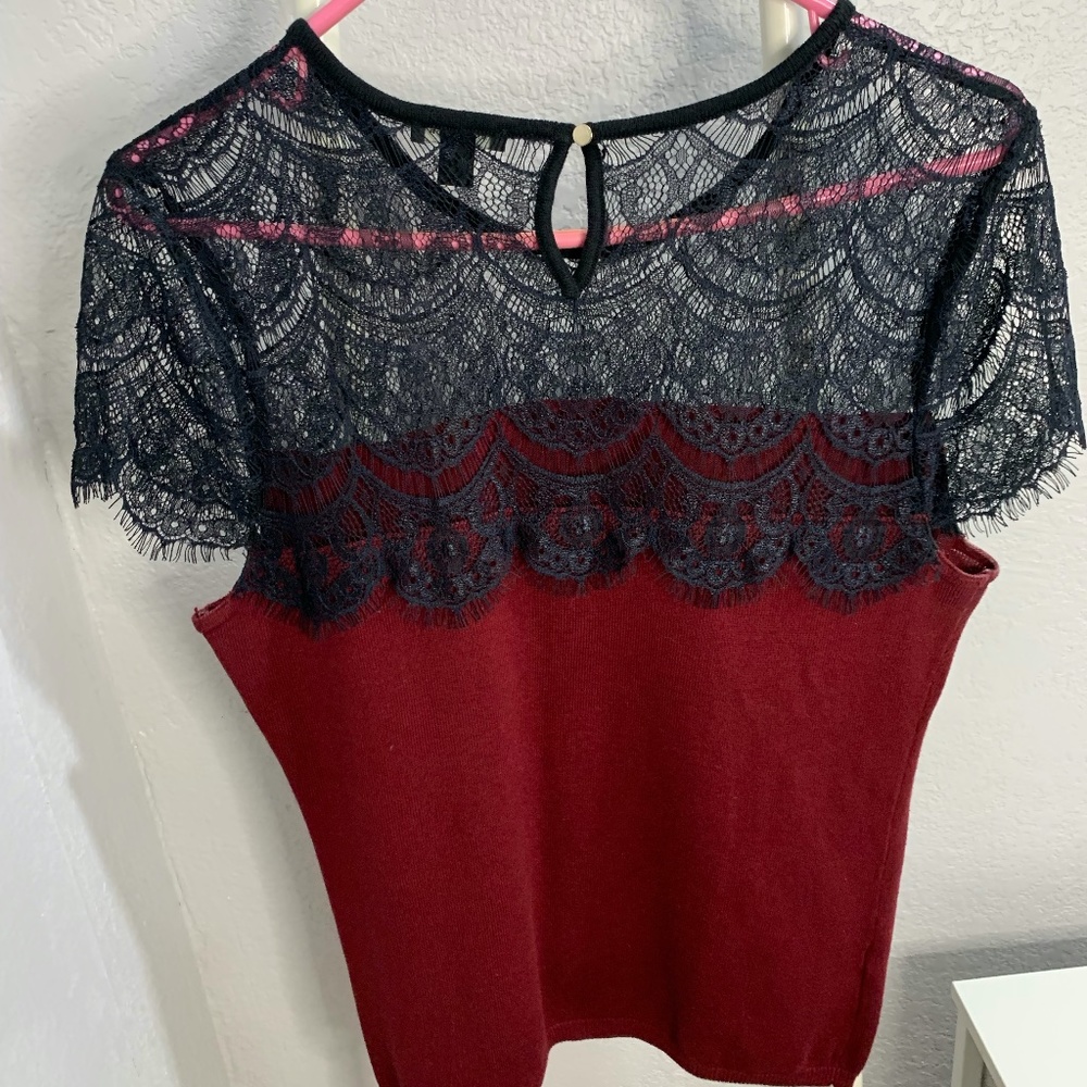Ann Taylor Red and Black Lace Blouse, Size Medium